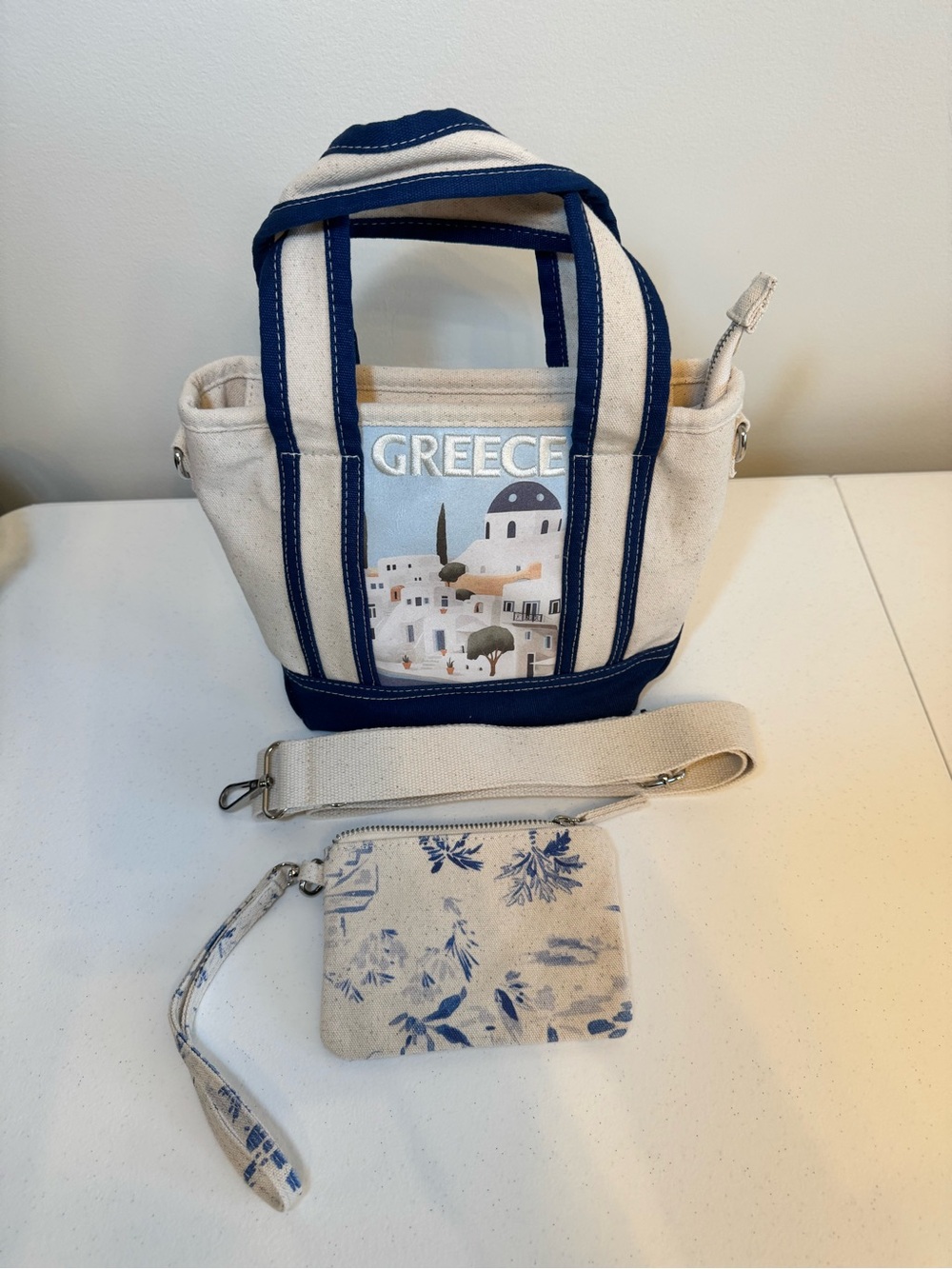 C&C California Cream and Navy Greece Canvas Tote with Floral Pouch